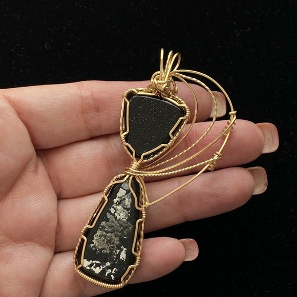 Wrapped Dichroic Glass Cabochons Pendant Purple Blue Green Gold Filled Wire 3” - Picture 9 of 10